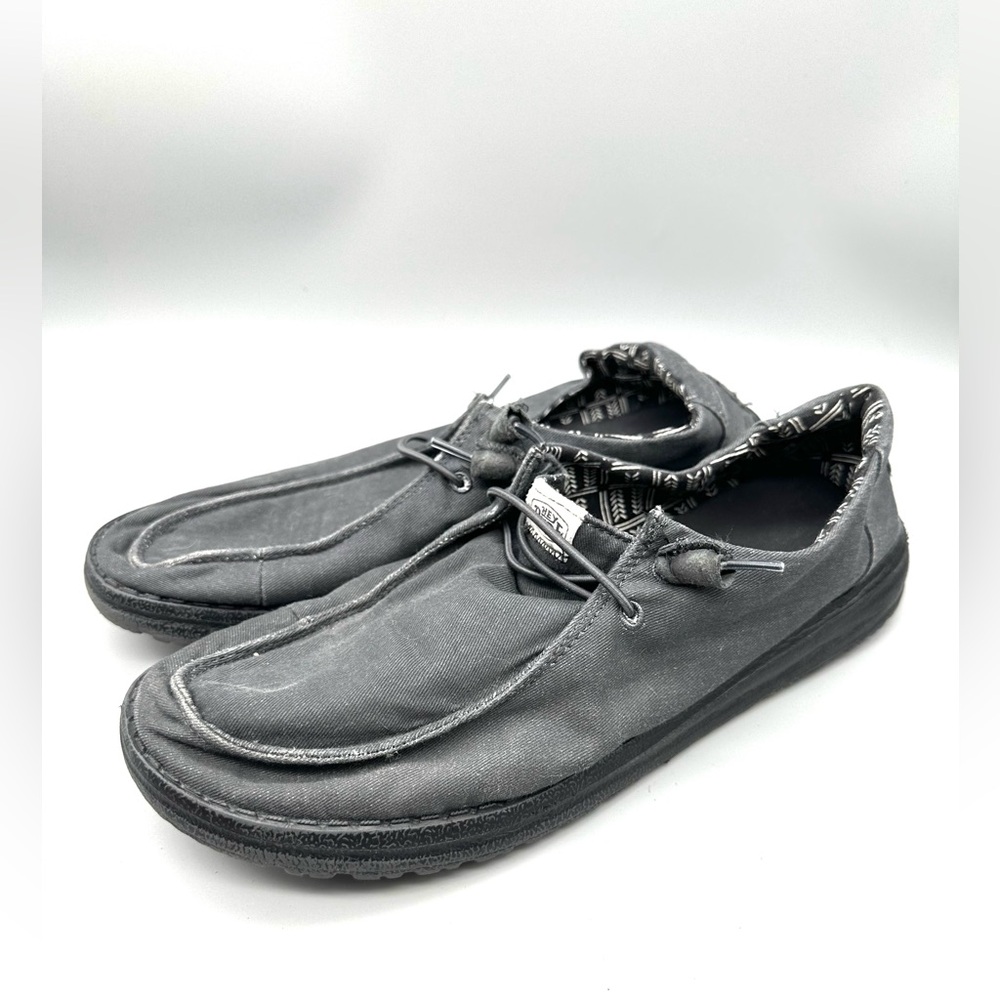 Hey Dude (Womens 12) Wendy Stretch Canvas Wide Slip On Loafer Shoes Black Gray
